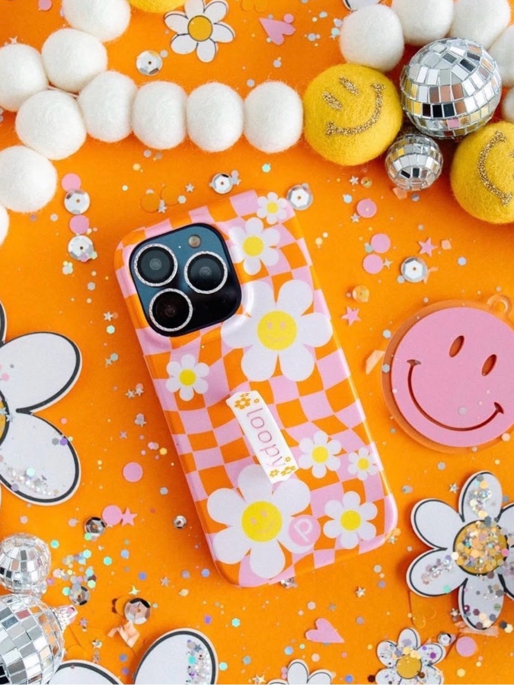 Loopy Case Pink Orange Floral Checkerboard iPhone Case - 14 Pro Max